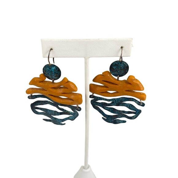 Handcrafted Abstract Art Earrings With Orange & Blue Design Wood and oxidized me - Picture 1 of 7